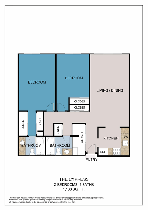 Floor plan for 2 beds, 2 baths, 1188 sqft